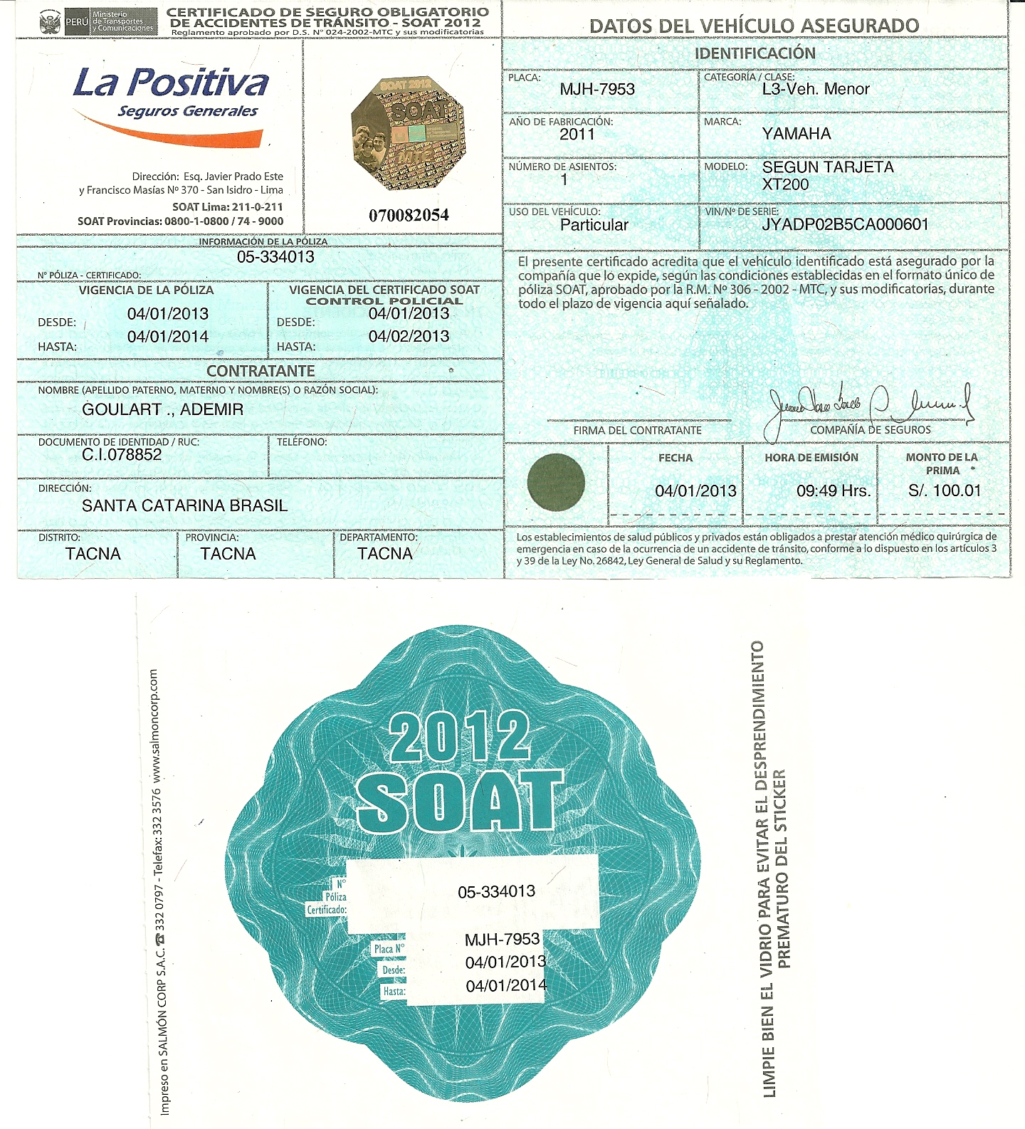 ApÃ³lice SOAT - Seguro contra terceiros no PERU