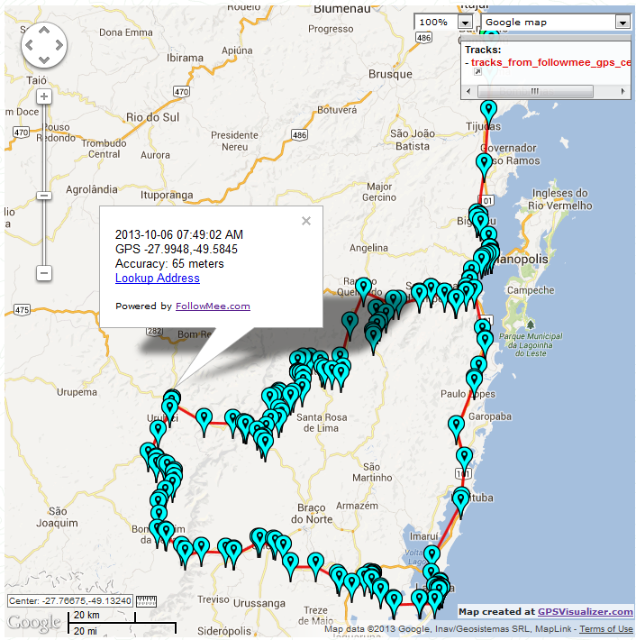 Mapa a partir de pontos coletados a cada 10 minutos, via GPS do Iphone, software Followmee