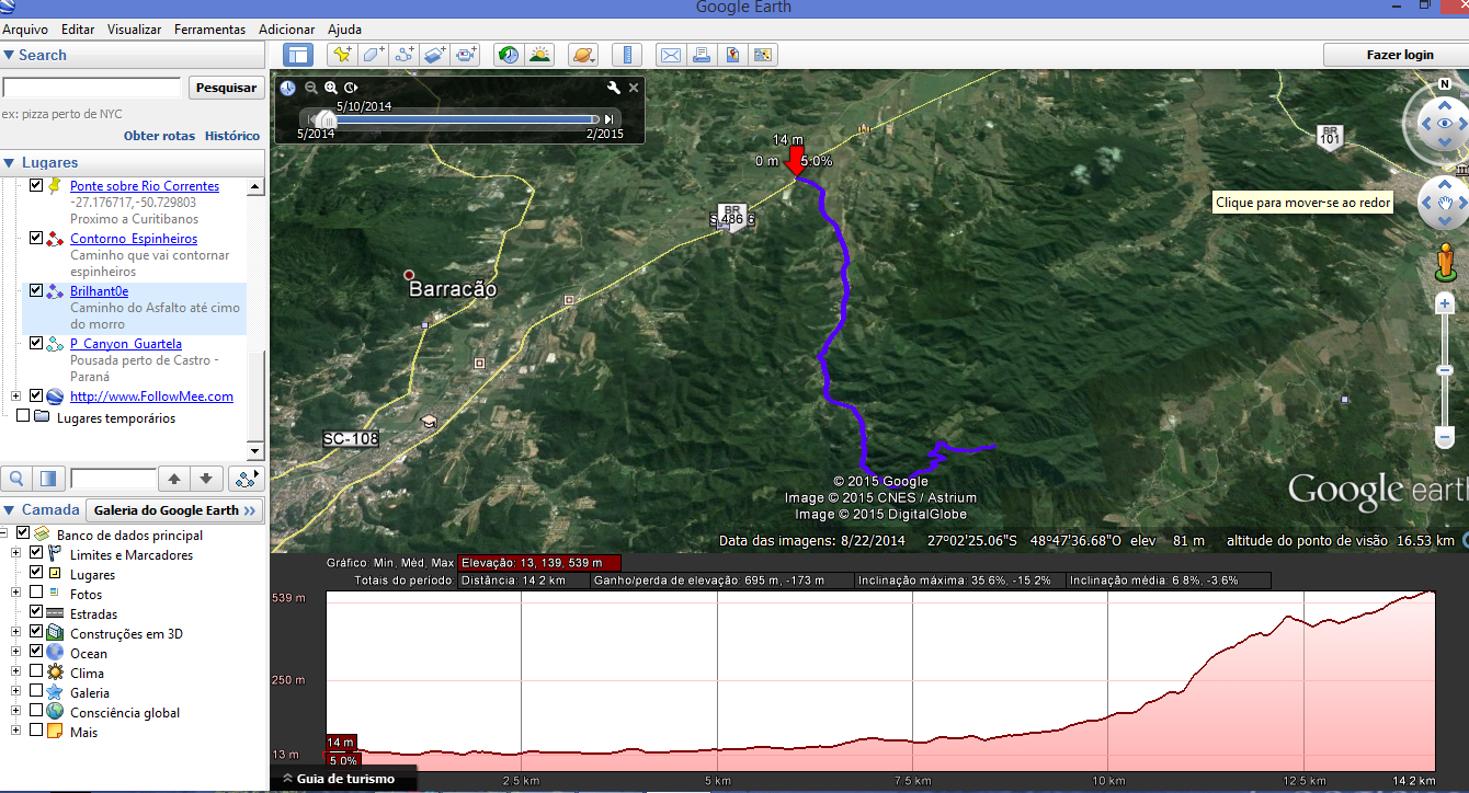 Roteiro marcado com distancia e elevação